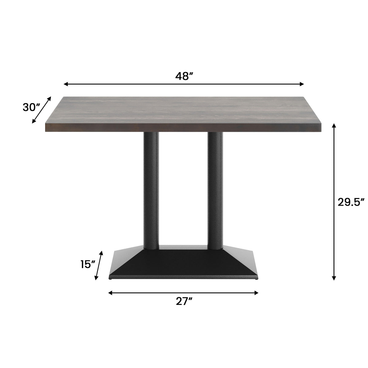 Dark Brown Top/Black Base |#| Commercial 30x48 Brown Table-27x15 Dual Column Table Height Black Cast Iron Base