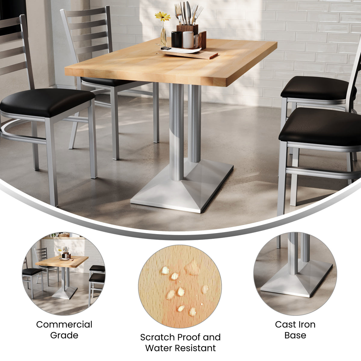 Natural Top/Silver Base |#| Commercial 30x48 NAT Table-27x15 Dual Column Table Height SIL Cast Iron Base