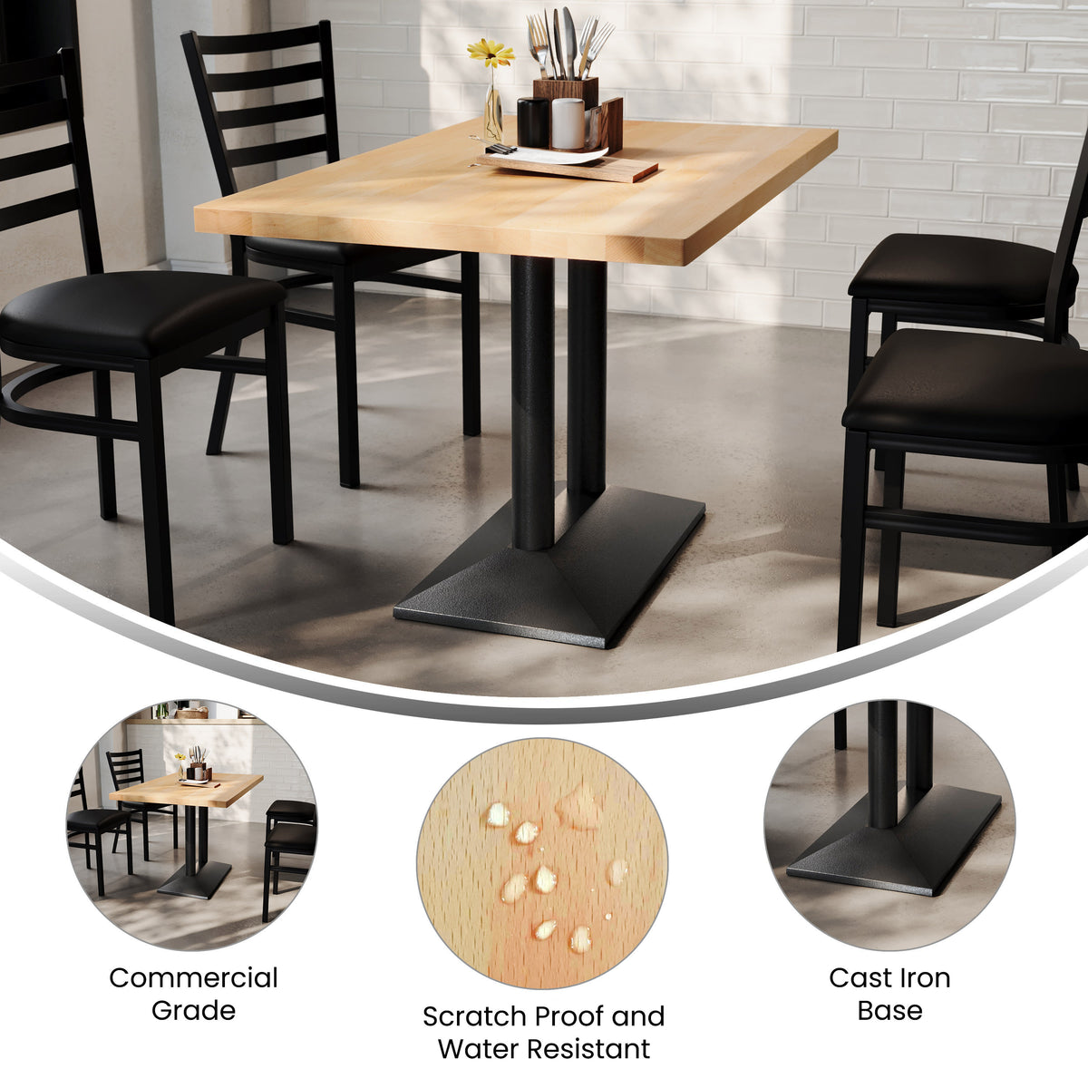 Natural Top/Black Base |#| Commercial 30x48 NAT Table-27x15 Dual Column Table Height Black Cast Iron Base