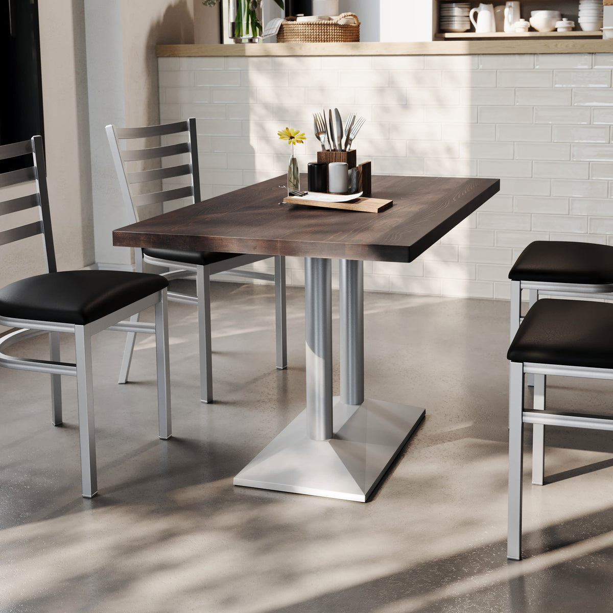 Dark Brown Top/Silver Base |#| Commercial 30x48 Brown Table-27x15 Dual Column Table Height SIL Cast Iron Base