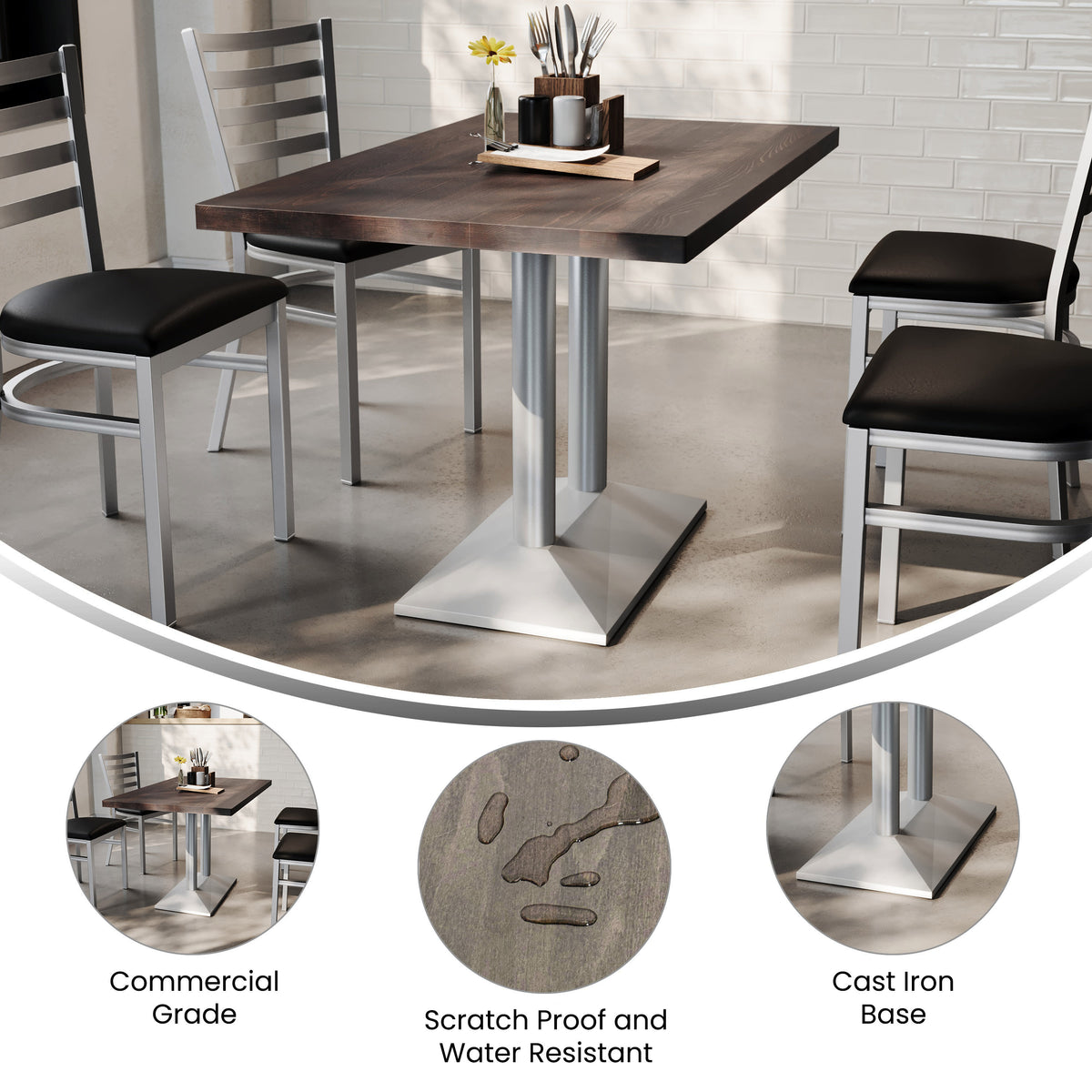 Dark Brown Top/Silver Base |#| Commercial 30x48 Brown Table-27x15 Dual Column Table Height SIL Cast Iron Base