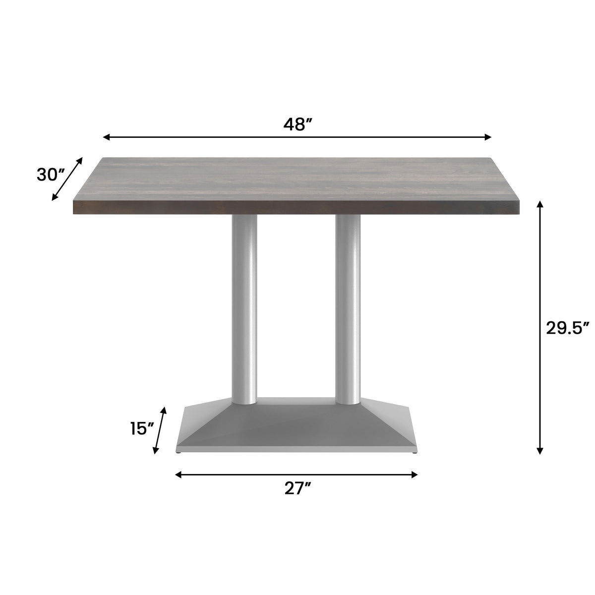 Dark Brown Top/Silver Base |#| Commercial 30x48 Brown Table-27x15 Dual Column Table Height SIL Cast Iron Base