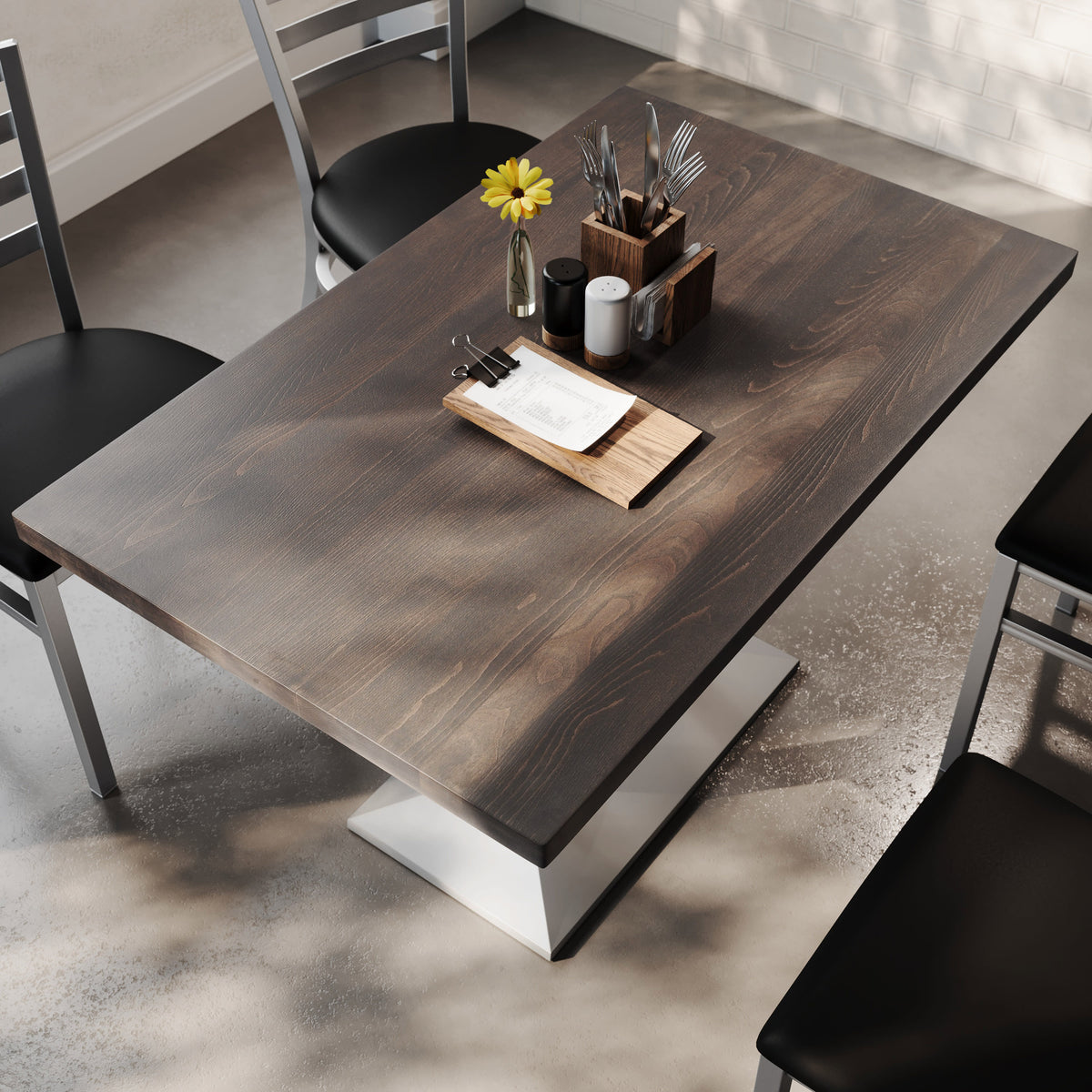 Dark Brown Top/Silver Base |#| Commercial 30x48 Brown Table-27x15 Dual Column Table Height SIL Cast Iron Base