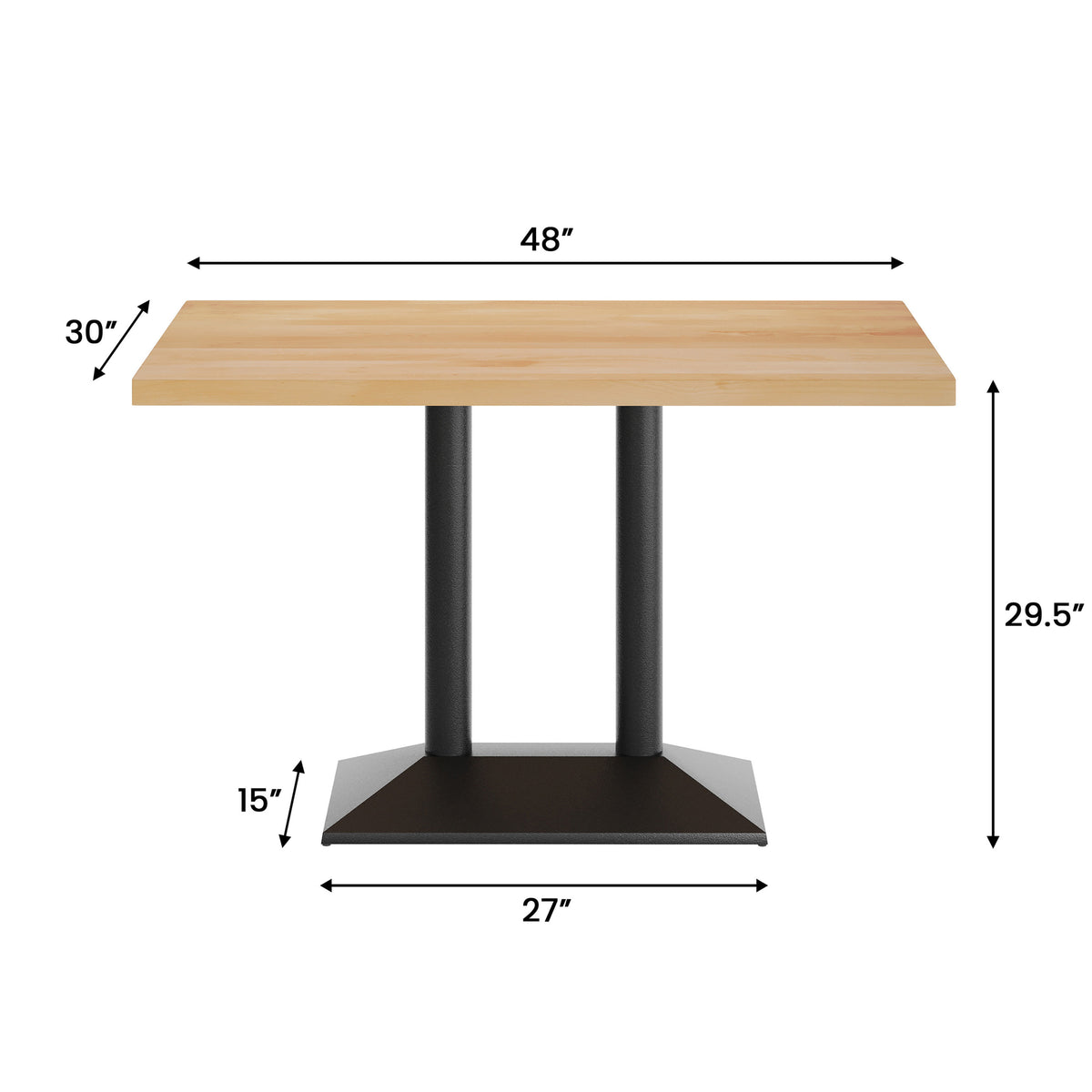 Natural Top/Black Base |#| Commercial 30x48 NAT Table-27x15 Dual Column Table Height Black Cast Iron Base