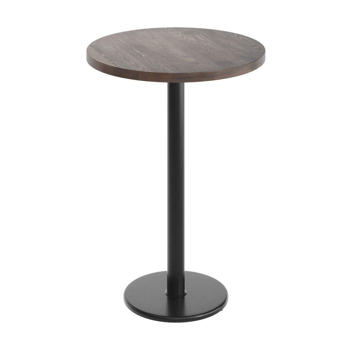 Dark Brown Top/Black Base |#| Commercial 30" DK Brown Wood Tabletop-18" Round Black Bar Height Cast Iron Base