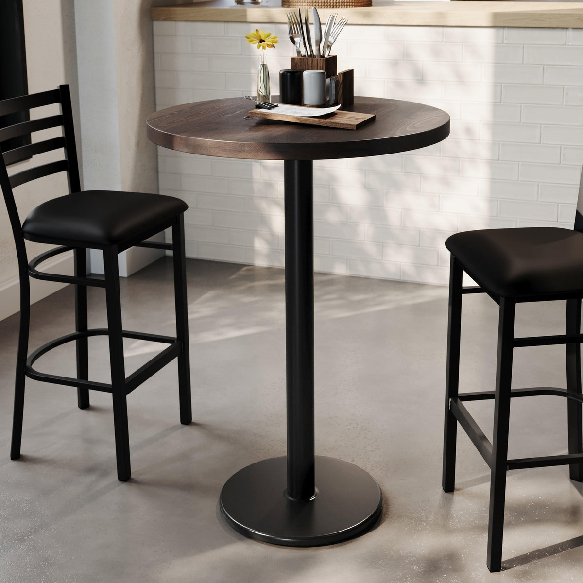 Dark Brown Top/Black Base |#| Commercial 30" DK Brown Wood Tabletop-18" Round Black Bar Height Cast Iron Base