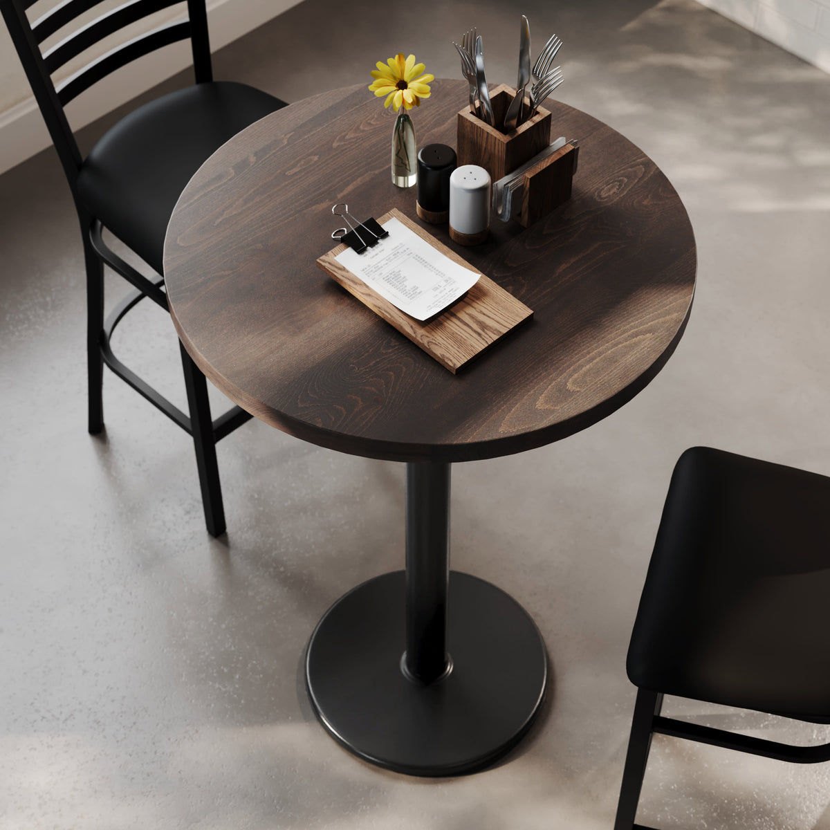 Dark Brown Top/Black Base |#| Commercial 30" DK Brown Wood Tabletop-18" Round Black Bar Height Cast Iron Base