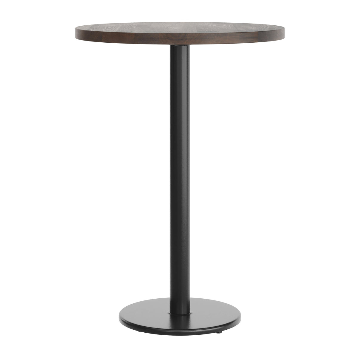 Dark Brown Top/Black Base |#| Commercial 30" DK Brown Wood Tabletop-18" Round Black Bar Height Cast Iron Base