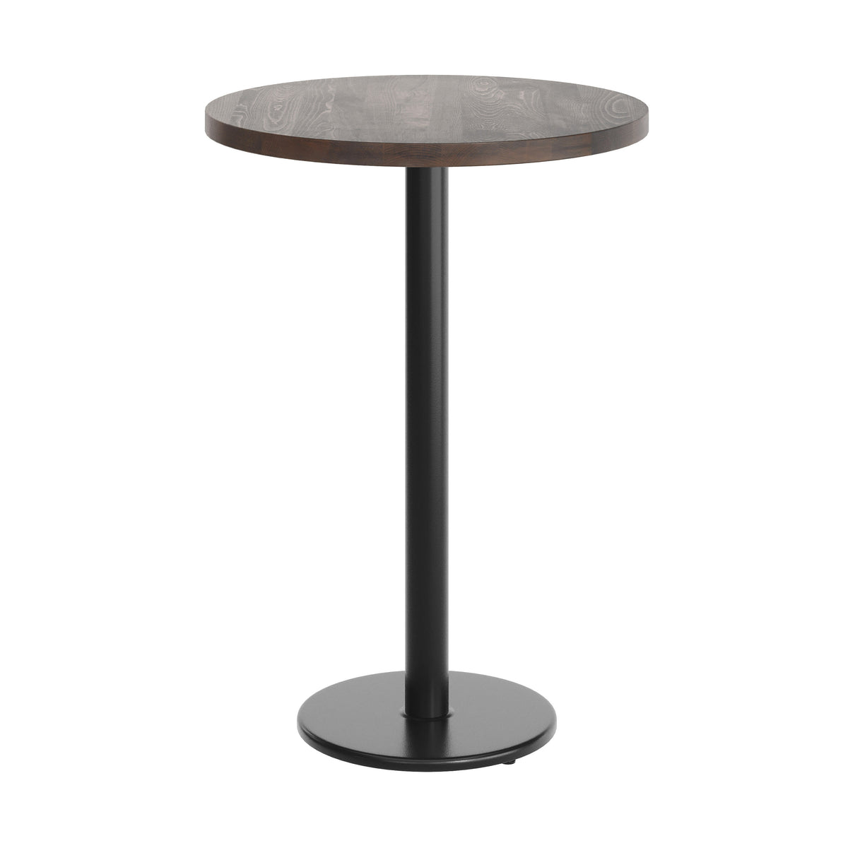 Dark Brown Top/Black Base |#| Commercial 30" DK Brown Wood Tabletop-18" Round Black Bar Height Cast Iron Base