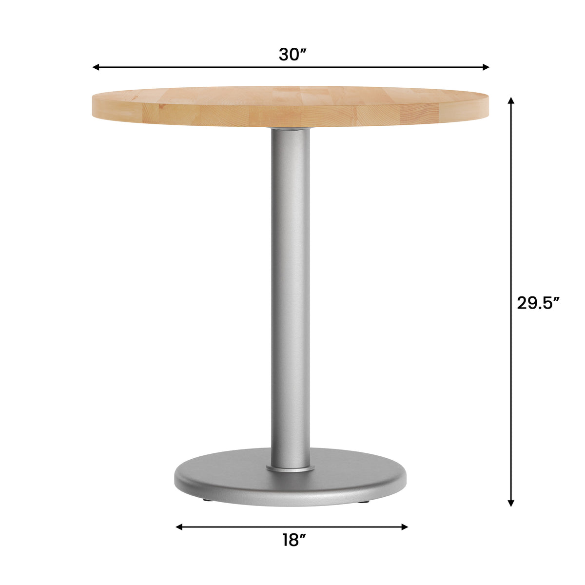Natural Top/Silver Base |#| Commercial 30" Natural Wood Tabletop-18" RD Silver Table Height Cast Iron Base
