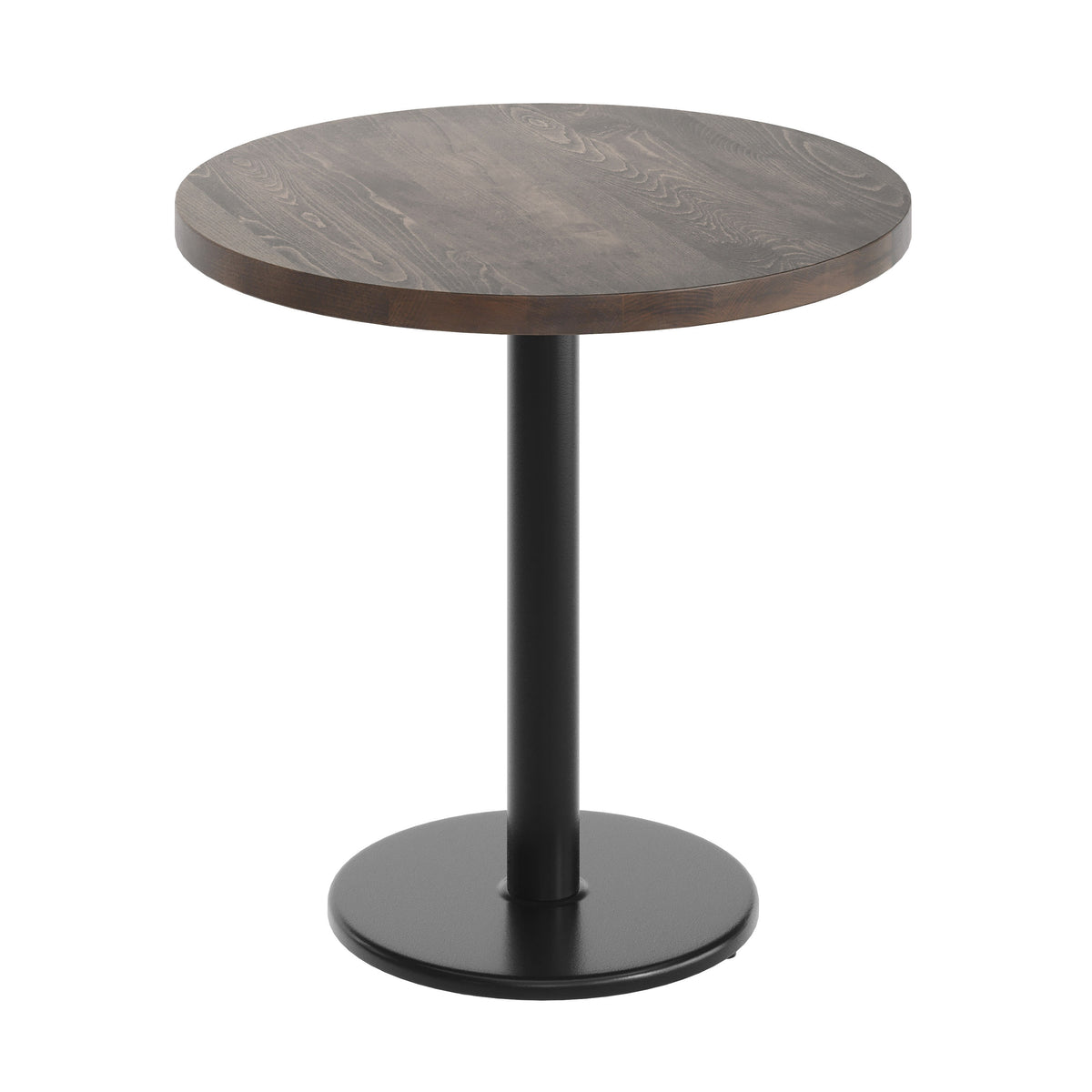 Dark Brown Top/Black Base |#| Commercial 30" DK Brown Wood Tabletop-18" RD Black Table Height Cast Iron Base