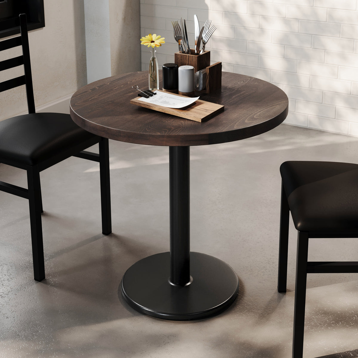 Dark Brown Top/Black Base |#| Commercial 30" DK Brown Wood Tabletop-18" RD Black Table Height Cast Iron Base