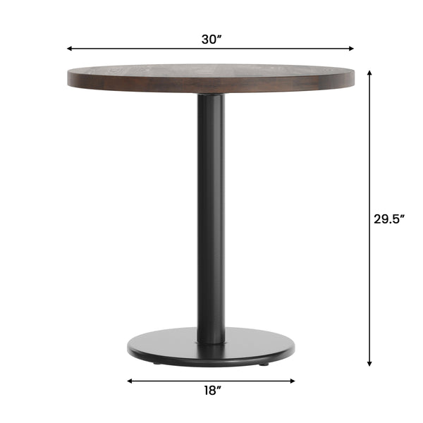 Dark Brown Top/Black Base |#| Commercial 30" DK Brown Wood Tabletop-18" RD Black Table Height Cast Iron Base
