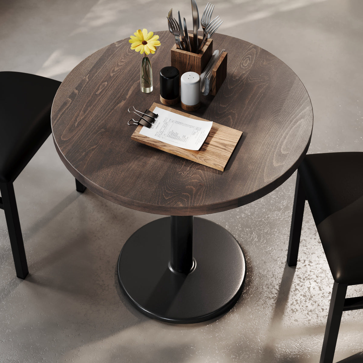 Dark Brown Top/Black Base |#| Commercial 30" DK Brown Wood Tabletop-18" RD Black Table Height Cast Iron Base
