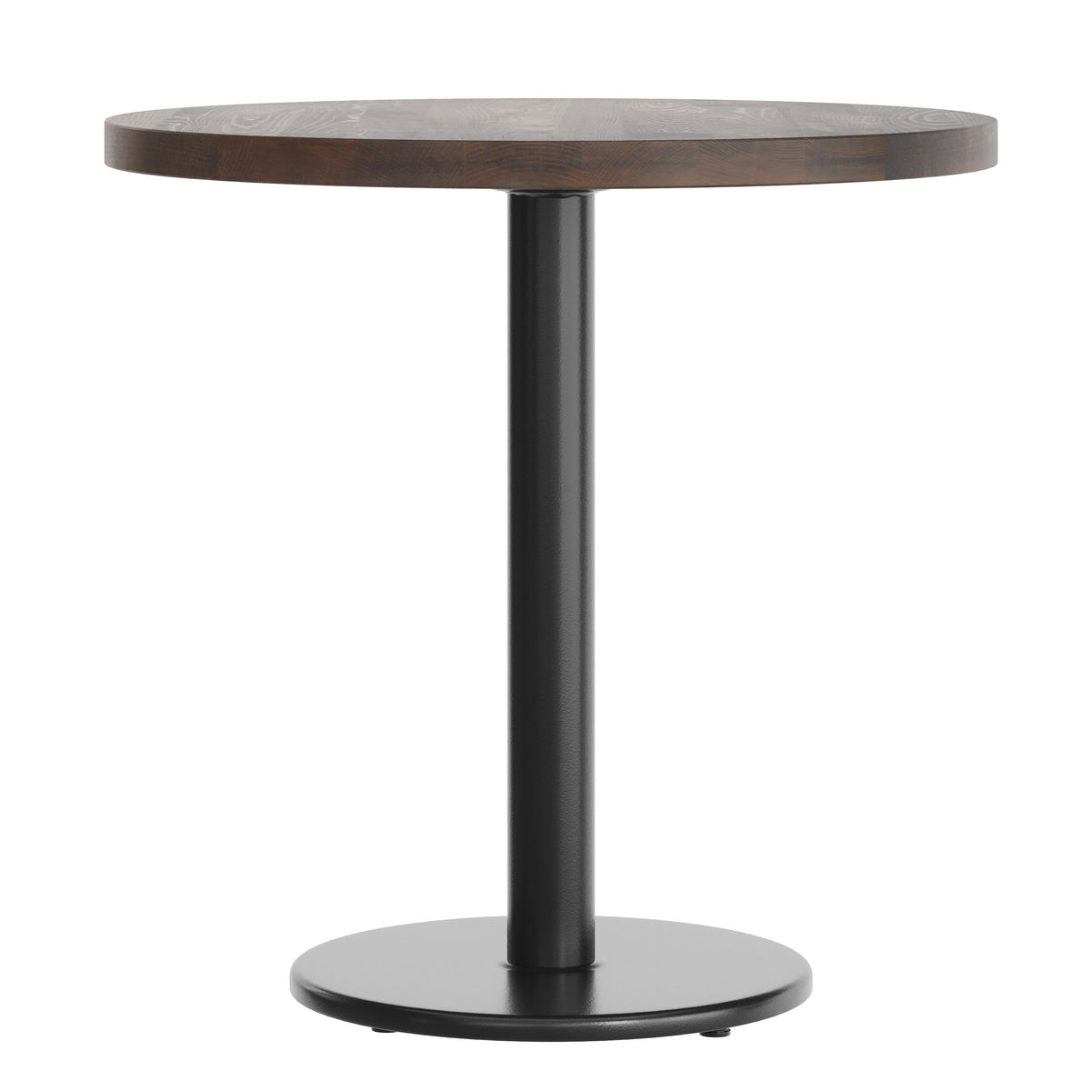 Dark Brown Top/Black Base |#| Commercial 30" DK Brown Wood Tabletop-18" RD Black Table Height Cast Iron Base