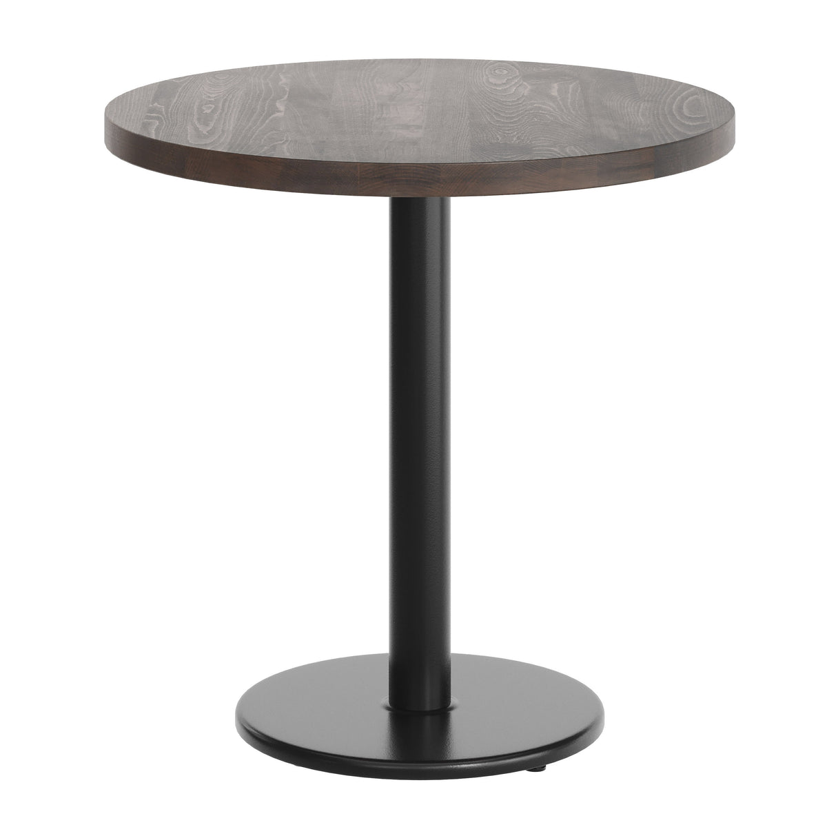 Dark Brown Top/Black Base |#| Commercial 30" DK Brown Wood Tabletop-18" RD Black Table Height Cast Iron Base