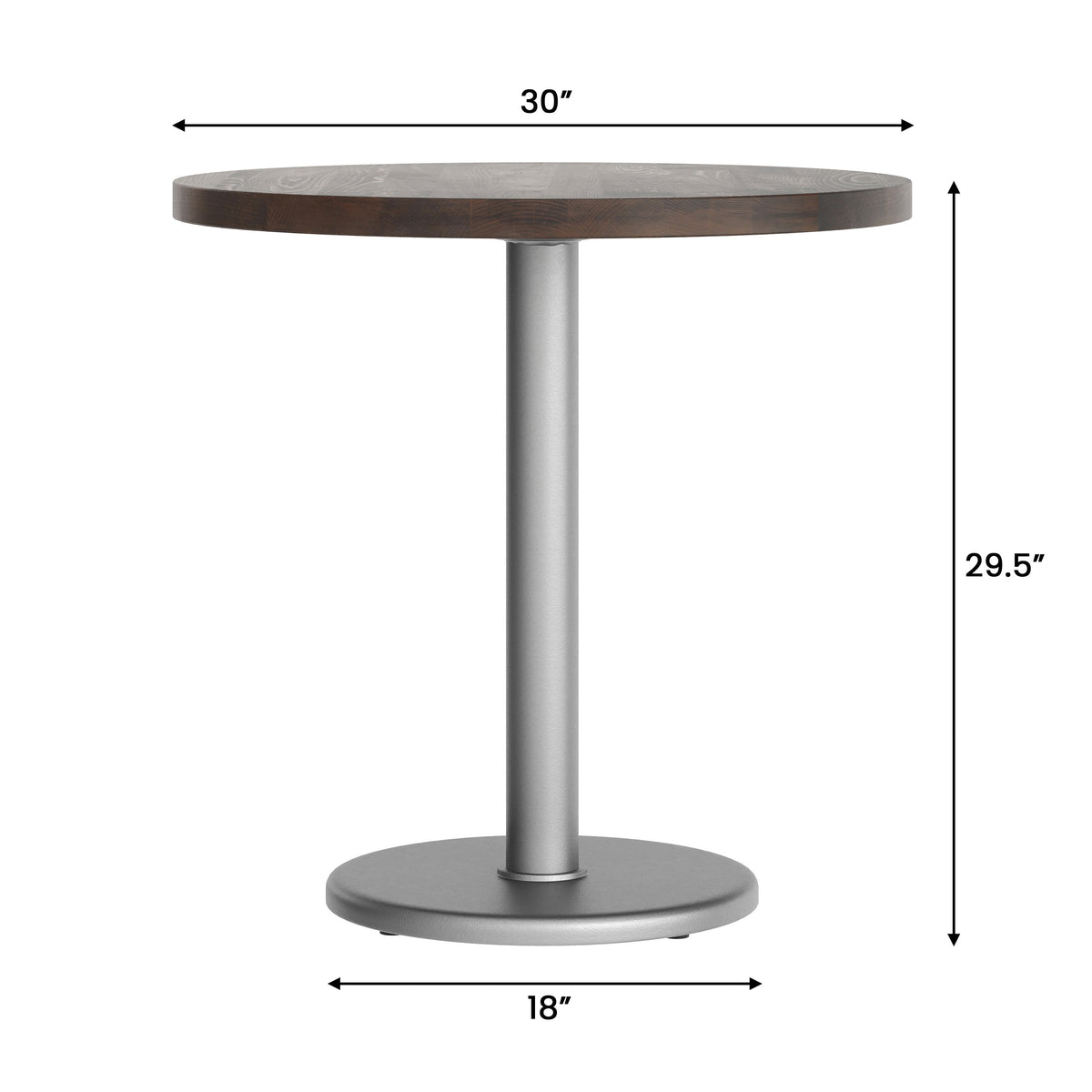 Dark Brown Top/Silver Base |#| Commercial 30" DK Brown Wood Tabletop-18" RD Silver Table Height Cast Iron Base