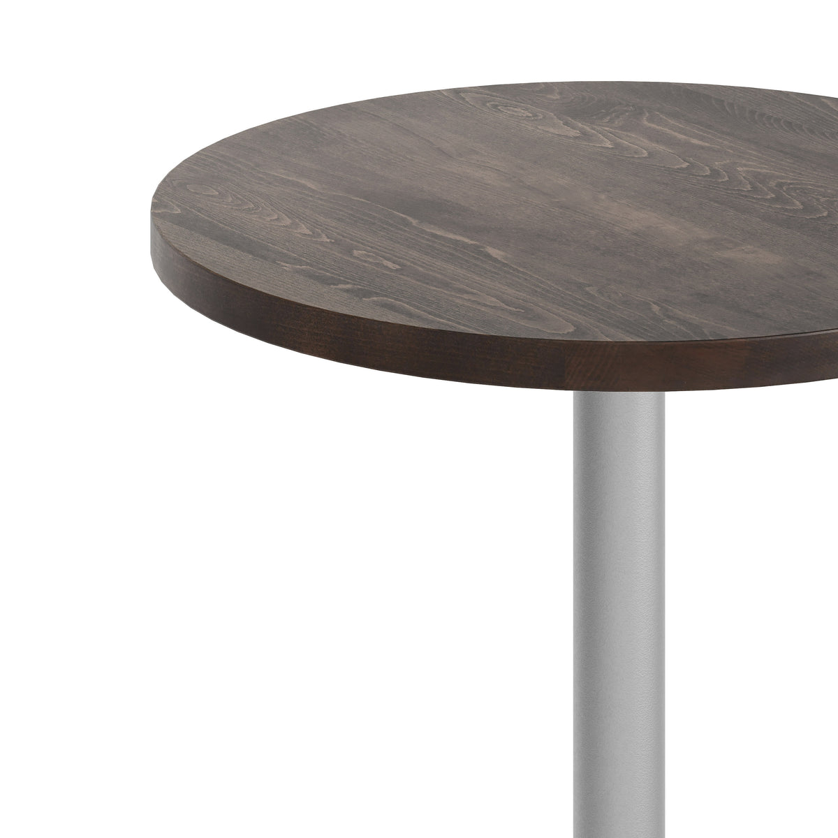 Dark Brown Top/Silver Base |#| Commercial 30" DK Brown Wood Tabletop-18" RD Silver Table Height Cast Iron Base
