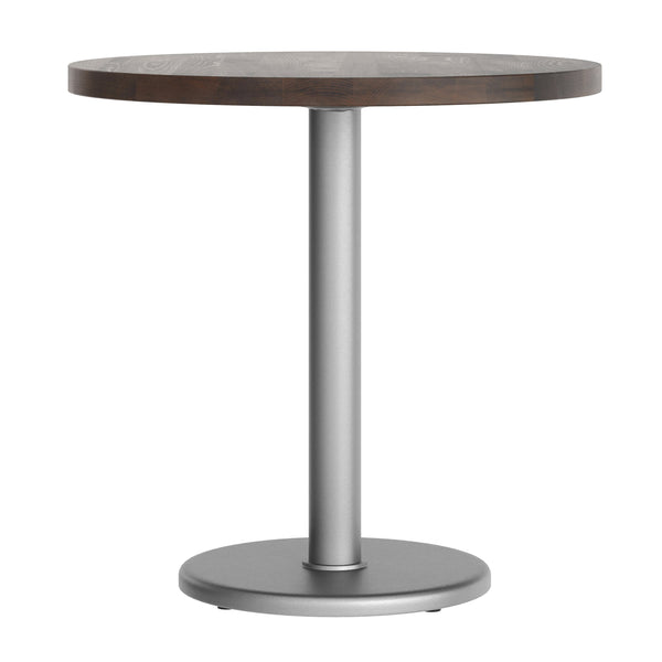 Dark Brown Top/Silver Base |#| Commercial 30" DK Brown Wood Tabletop-18" RD Silver Table Height Cast Iron Base