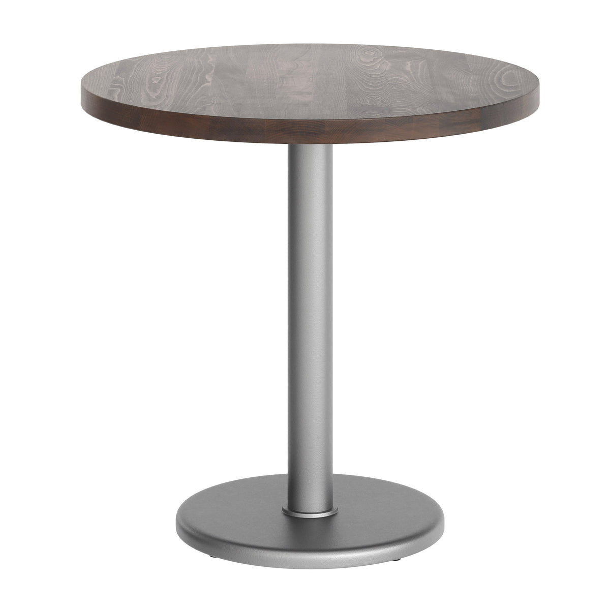 Dark Brown Top/Silver Base |#| Commercial 30" DK Brown Wood Tabletop-18" RD Silver Table Height Cast Iron Base