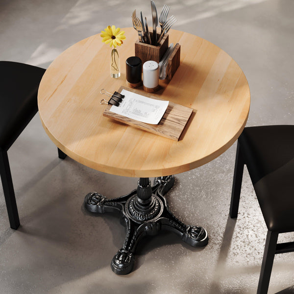 Natural Top/Black Base |#| Commercial 30" Natural Wood Tabletop with Decorative Cast Iron Bistro Base