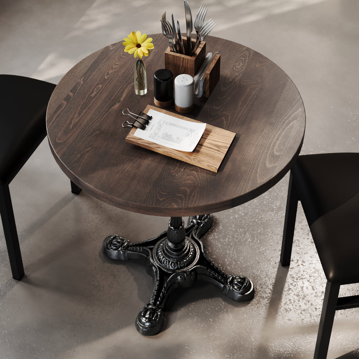 Dark Brown Top/Black Base |#| Commercial 30" Dark Brown Wood Tabletop with Decorative Cast Iron Bistro Base