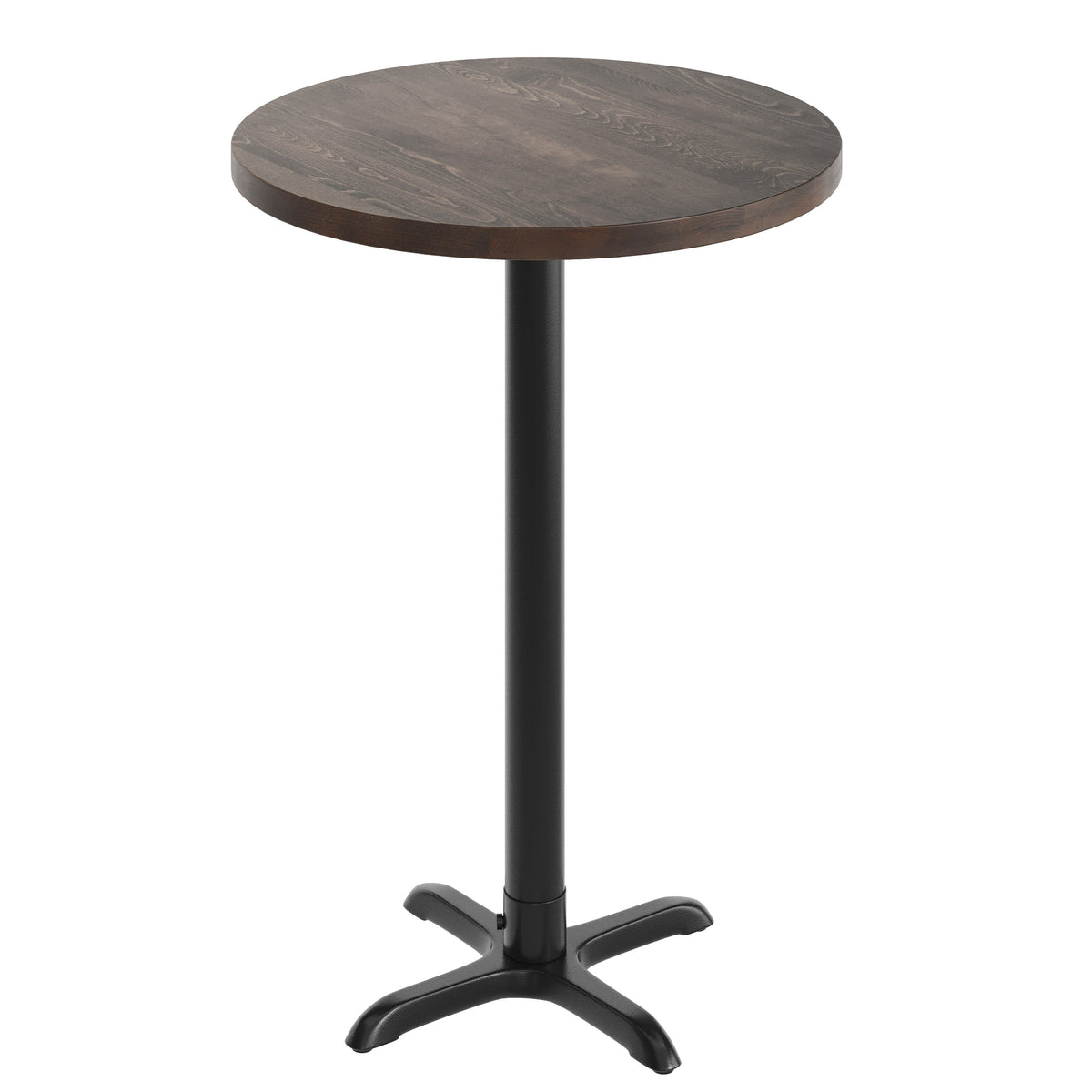 Dark Brown Top/Black Base |#| Commercial 30" DK BN Wood Tabletop-22" x 22" Black Bar Height Cast Iron X Base
