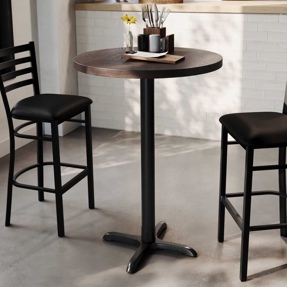 Dark Brown Top/Black Base |#| Commercial 30" DK BN Wood Tabletop-22" x 22" Black Bar Height Cast Iron X Base