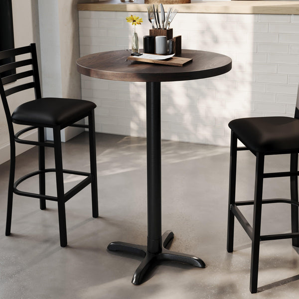 Dark Brown Top/Black Base |#| Commercial 30" DK BN Wood Tabletop-22" x 22" Black Bar Height Cast Iron X Base