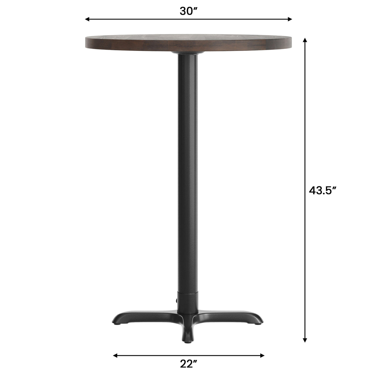 Dark Brown Top/Black Base |#| Commercial 30" DK BN Wood Tabletop-22" x 22" Black Bar Height Cast Iron X Base