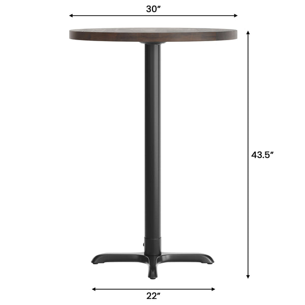 Dark Brown Top/Black Base |#| Commercial 30" DK BN Wood Tabletop-22" x 22" Black Bar Height Cast Iron X Base