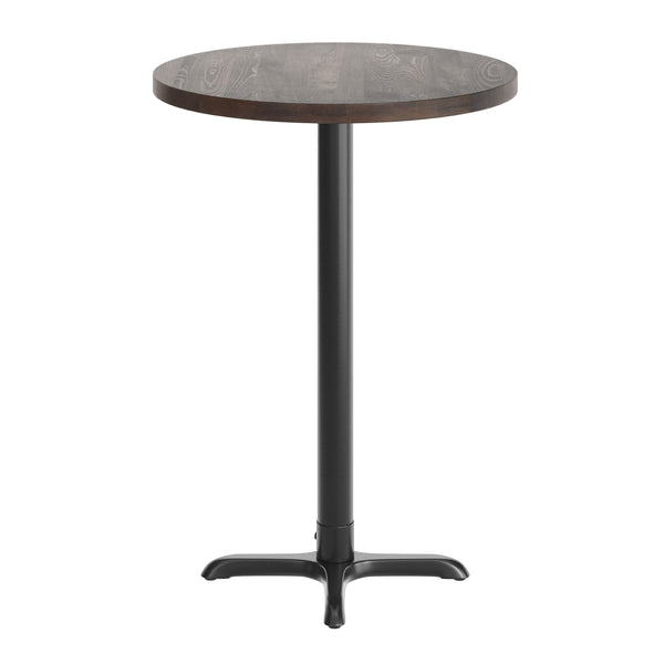 Dark Brown Top/Black Base |#| Commercial 30" DK BN Wood Tabletop-22" x 22" Black Bar Height Cast Iron X Base