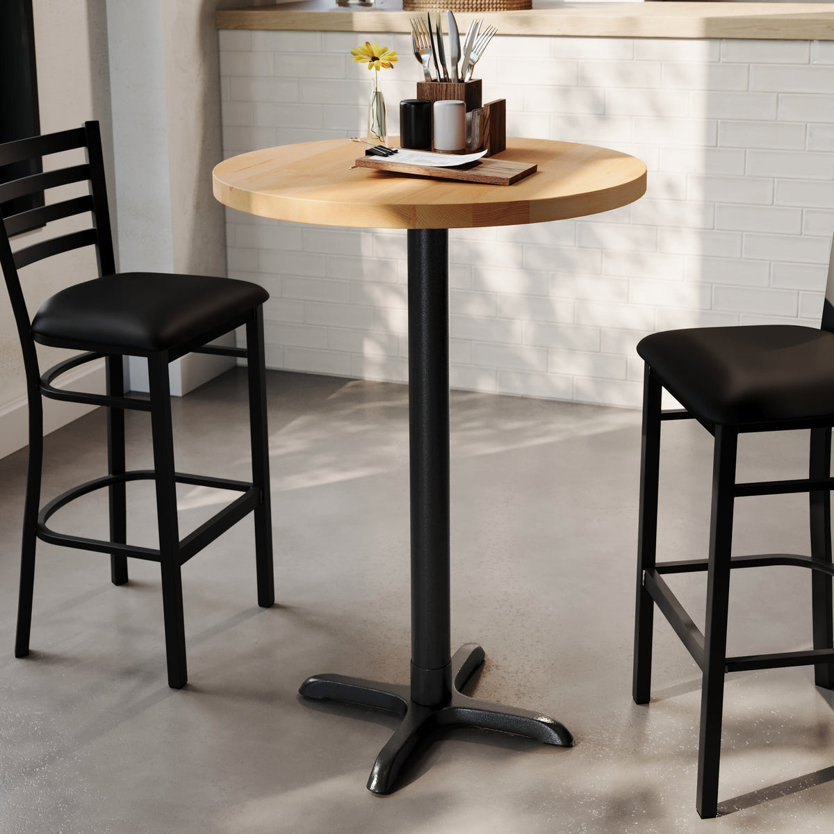 Natural Top/Black Base |#| Commercial 30" NAT Wood Tabletop-22" x 22" Black Bar Height Cast Iron X Base