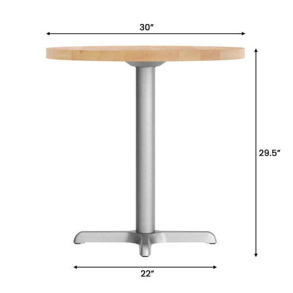 Natural Top/Silver Base |#| Commercial 30" NAT Wood Tabletop-22" x 22" SIL Table Height Cast Iron X Base