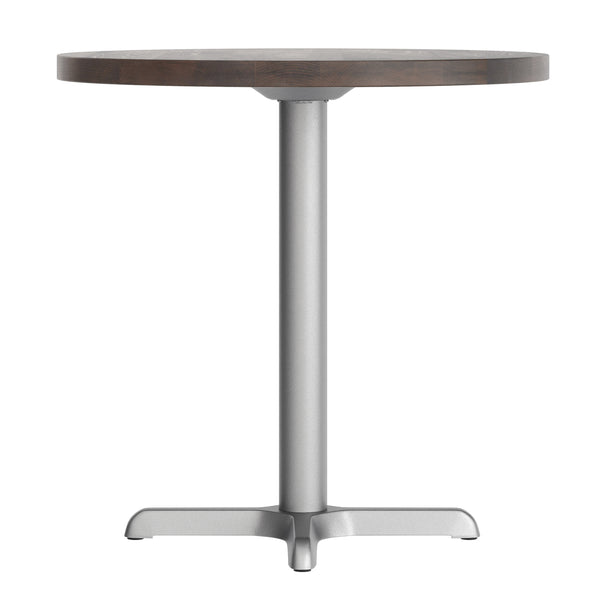 Dark Brown Top/Silver Base |#| Commercial 30" DK BN Wood Tabletop-22" x 22" SIL Table Height Cast Iron X Base