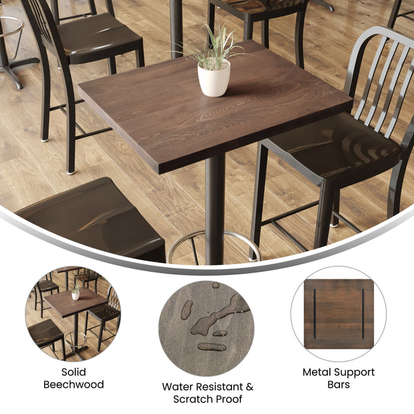 Dark Brown |#| 36x36 Commercial Solid Wood Tabletop with Support Bars for Indoor Use-Dark Brown