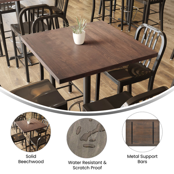 Dark Brown,24"W x 30"L |#| 24x30 Commercial Solid Wood Tabletop with Support Bars for Indoor Use-Dark Brown