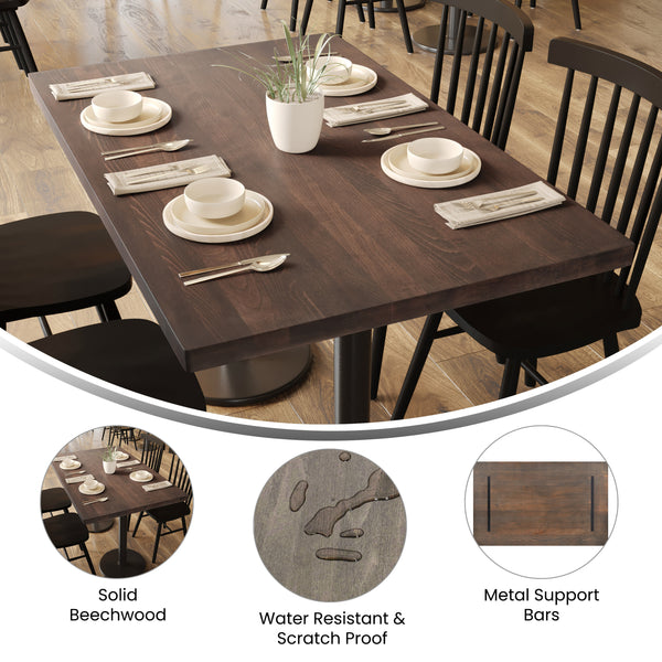 Dark Brown,30"W x 48"L |#| 30x48 Commercial Solid Wood Tabletop with Support Bars for Indoor Use-Dark Brown