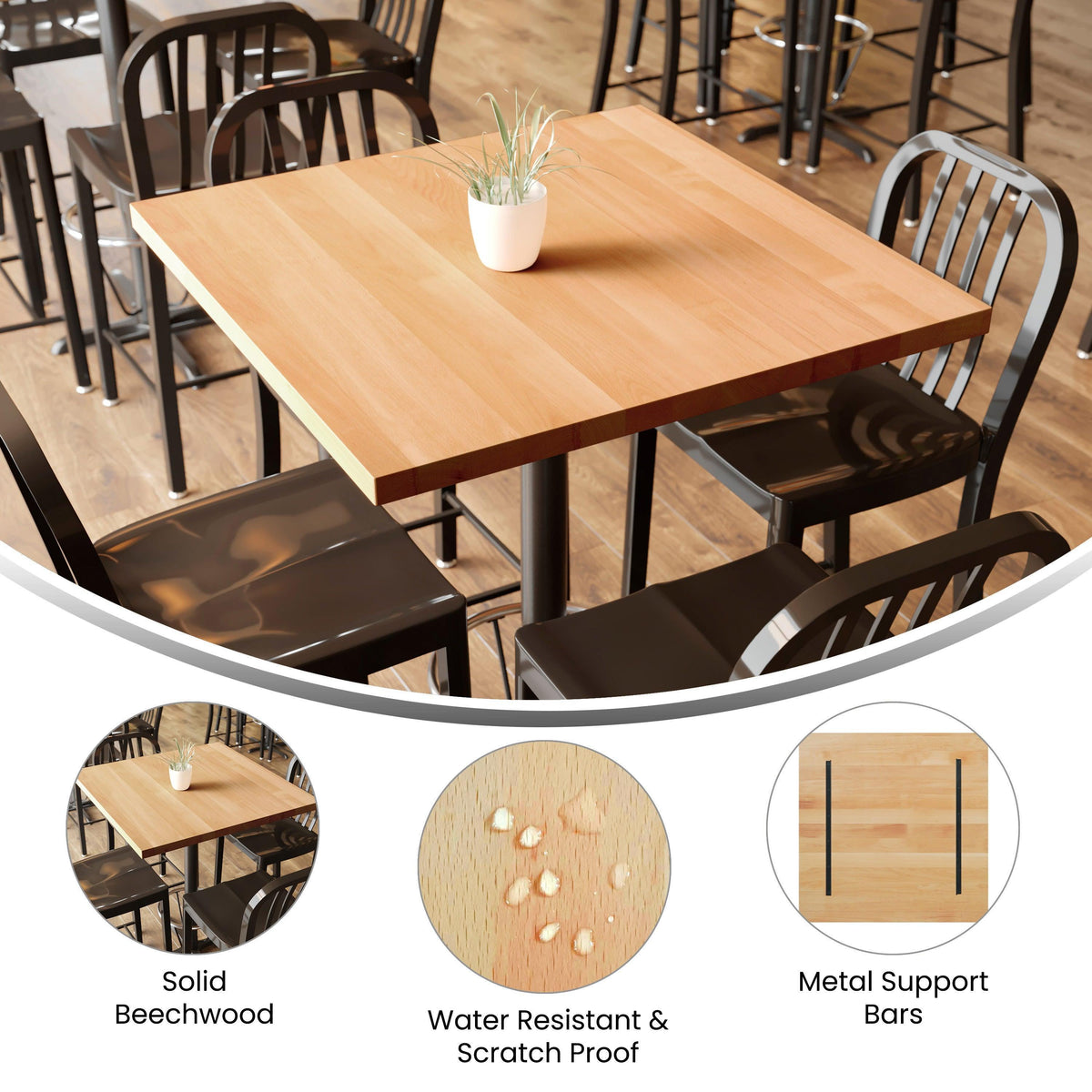 Natural |#| 36x36 Commercial Solid Wood Tabletop with Support Bars for Indoor Use-Natural