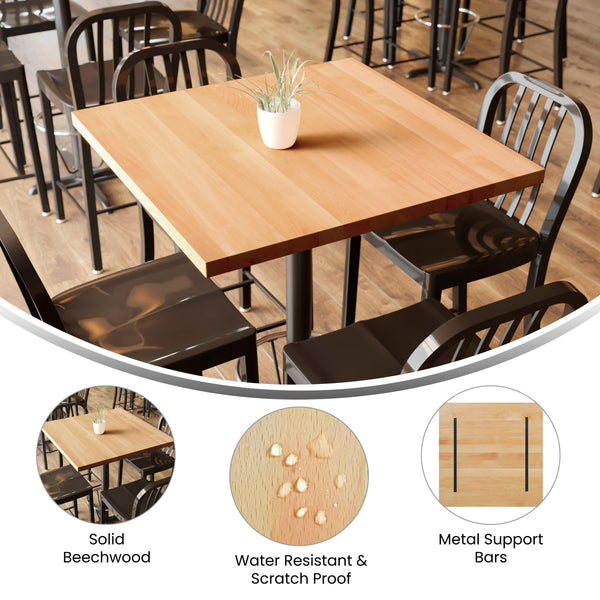 Natural |#| 36x36 Commercial Solid Wood Tabletop with Support Bars for Indoor Use-Natural