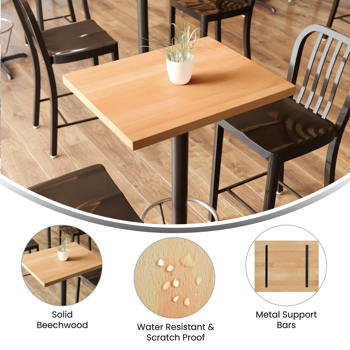 Natural,24"W x 30"L |#| 24x30 Commercial Solid Wood Tabletop with Support Bars for Indoor Use-Natural