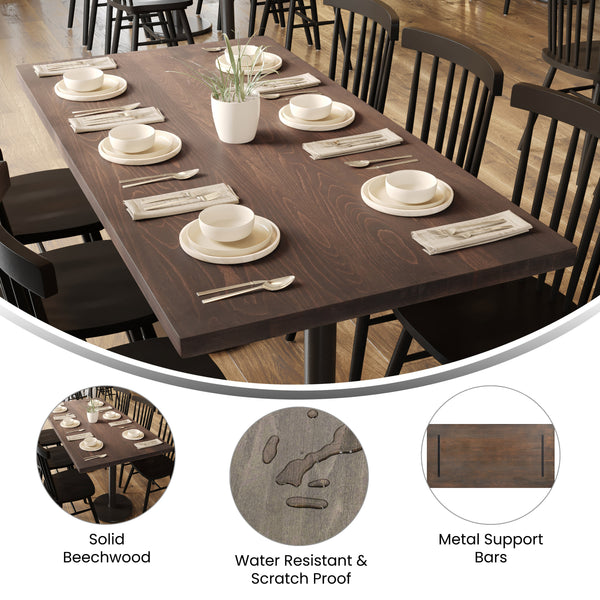 Dark Brown,30"W x 60"L |#| 30x60 Commercial Solid Wood Tabletop with Support Bars for Indoor Use-Dark Brown