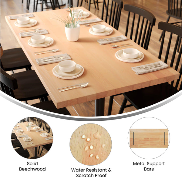 Natural,30"W x 60"L |#| 30x60 Commercial Solid Wood Tabletop with Support Bars for Indoor Use-Natural