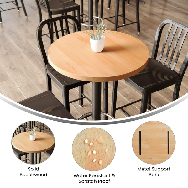 Natural |#| 30"RD Commercial Solid Wood Tabletop with Support Bars for Indoor Use-Natural