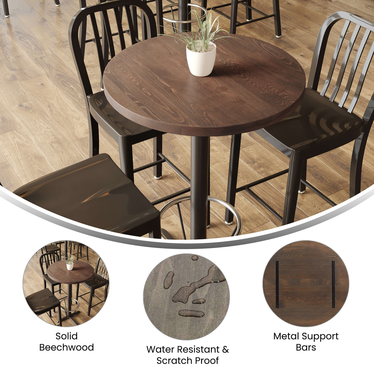 Dark Brown |#| 30"RD Commercial Solid Wood Tabletop with Support Bars for Indoor Use-Dark Brown