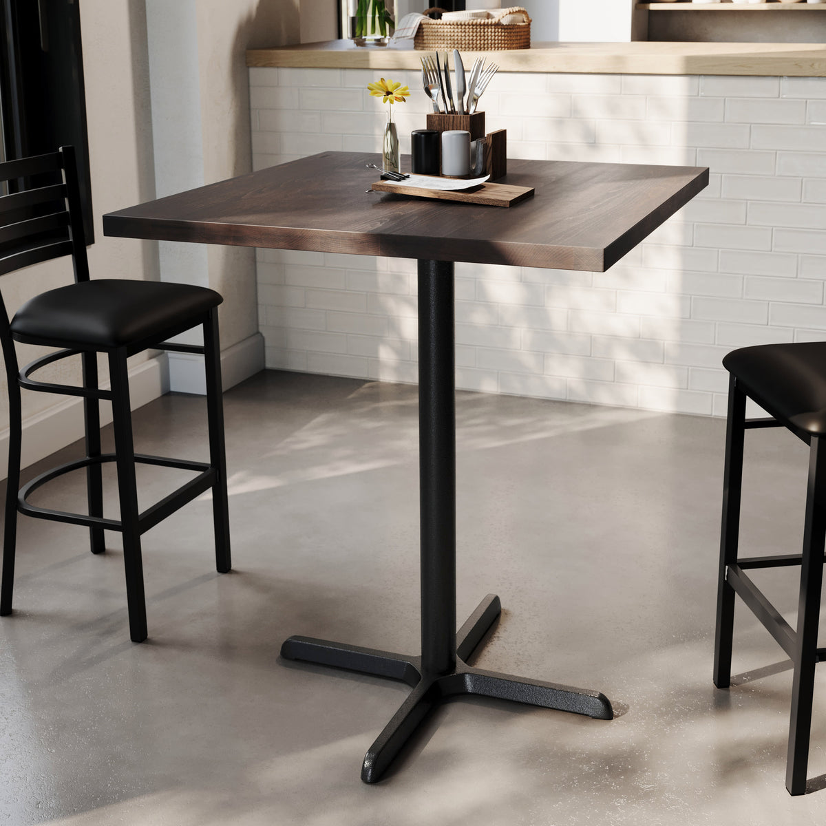 Dark Brown Top/Black Base |#| Commercial 36" SQ Dark Brown Tabletop-30x30 Bar Height Black Cast Iron X Base