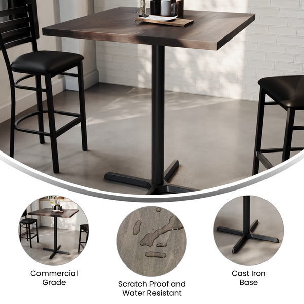 Dark Brown Top/Black Base |#| Commercial 36" SQ Dark Brown Tabletop-30x30 Bar Height Black Cast Iron X Base