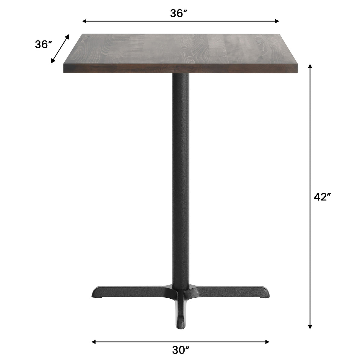 Dark Brown Top/Black Base |#| Commercial 36" SQ Dark Brown Tabletop-30x30 Bar Height Black Cast Iron X Base