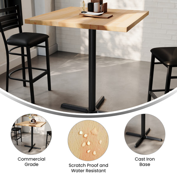 Natural Top/Black Base |#| Commercial 36" SQ Natural Tabletop-30x30 Bar Height Black Cast Iron X Base
