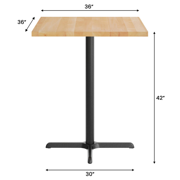 Natural Top/Black Base |#| Commercial 36" SQ Natural Tabletop-30x30 Bar Height Black Cast Iron X Base